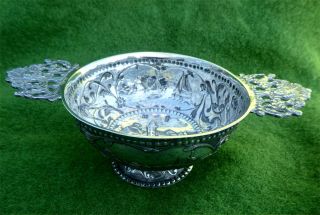 Small Antique Dutch Silver Footed Bowl With Attractive Raised Decorations C1900