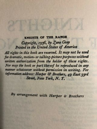 Zane Grey - Knights Of The Range,  Copyright 1936,  Vintage Hardcover Novel. 3