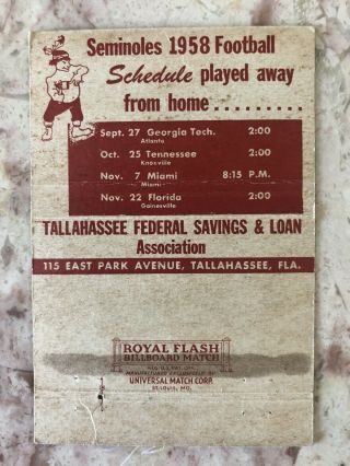 1958 Florida State University Fsu Seminoles Football Schedule Matchbook Cover