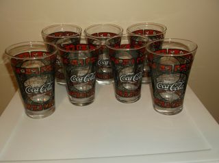 Set Of 7 Coca - Cola Glasses Red White Black Clear 12 Oz Collectibles Vintage