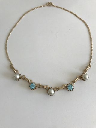 Vintage Gold Tone Necklace With Pearls And Blue Gems