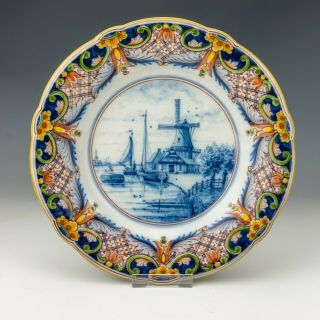 Antique Makkum Dutch Delft Pottery - Hand Painted Windmill Scene Plate