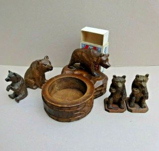 5 Antique Vintage Black Forest Carved Wood Bears - Matchbox Holder,  Cubs