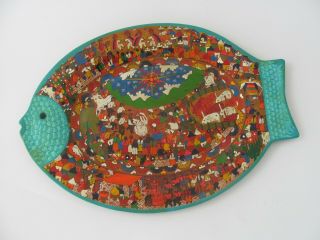 Vintage Mexican Redware Fish Platter Wall Tray Palque Wedding Scene