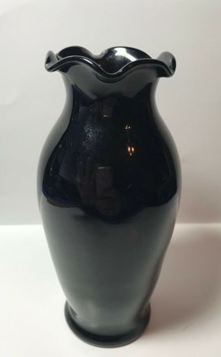 Vintage Black Amethyst Glass Flower Vase Ruffled Crimped Rim 6 "