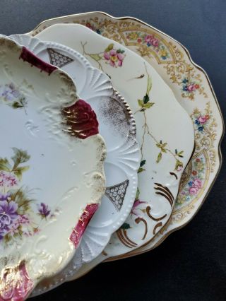 4 Vintage Mismatched China Salad / Dessert Plates Gold Pink Florals Gorgeous