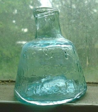 Antique Embossed Aqua Glass C & R 2 American Writing Fluid Ink Bottle