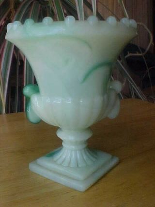 Vintage Akro Agate Slag Glass Green Swirl Vase Urn Toothpick Holder 3 1/4 "