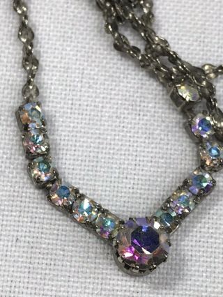 Vintage Aurora Borealis Look Rhinestone Necklace Silver Tone Juliana Pooled Back