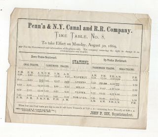 1866 Pennsylvania & York Canal & Railroad,  Employee Time Table