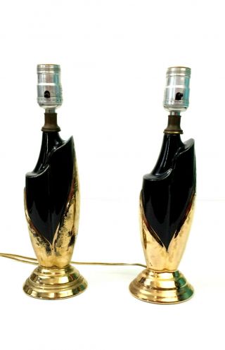 Pair Mid Century Modern Deena 22kt Gold Black Ceramic Side Table Boudoir Lamps