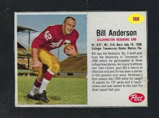 Vintage 1962 Post Cereal Football Card 188 Bill Anderson - Washington Redskins