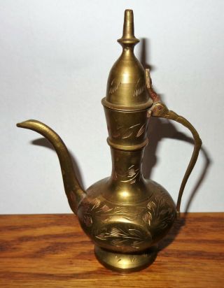 Old Vintage Brass Metal Made In India Etched Teapot 6 1/4 " Tall Hinged Lid 638