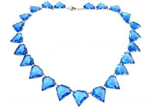 Art Deco Czech Blue Geometric Glass Crystal Open - Back Vintage Antique Necklace