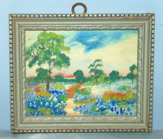 Antique 1930s Agnes M Meyers San Antonio Texas Miniature Bluebonnet Oil Painting