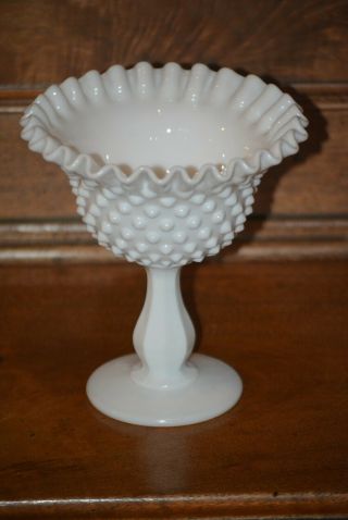 Vtg 6 " Fenton Milk Glass Hobnail Ruffled Pedestal Compote Candy Dish