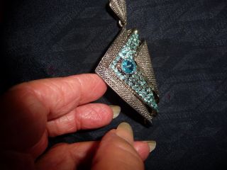 Vtg Costume Necklace Silver Tone Chain W Pendant Silver To W Aqua Blue Stones