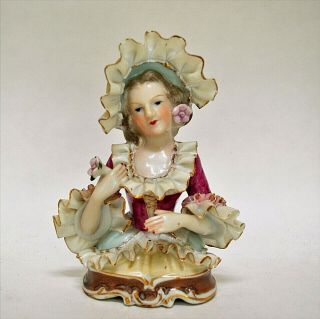 Vintage Victorian Half Doll Porcelain Bust Wales Japan Ruffled Hat