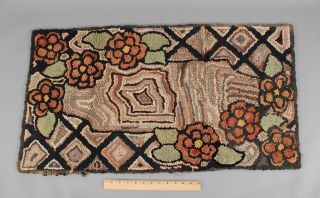 Small Antique American Primitive Folk Art Hooked Wool Rug,