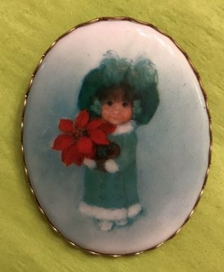 Vintage Goldtone Printed Christmas Poinsettias Girl Brooch Pin Hallmark