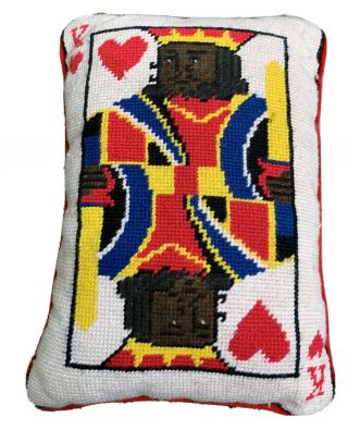 Vintage Handmade Needlepoint Pillow Poker — King Is Heart — Playing Card Pillow