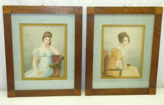 Pair Antique Wood Framed Prints Seated Ladies 1800s Regency Jane Austen Period
