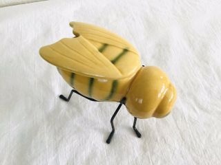 Vintage 1950s Ceramic Honey Bee Dish & Lid Metal Legs Stand condiment Jar 3
