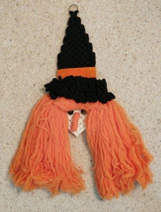 Vintage Macrame W/beads Wall Hanging Witch Head Hat Halloween 24 " Tall