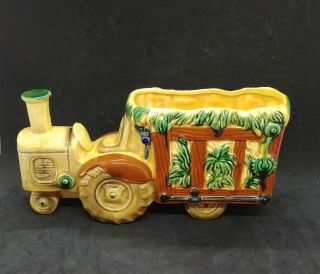 Vintage Relpo 6884 Ceramic Planter Farm Tractor Pulling Wagon Large Colorful
