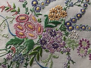 Stunning Vintage Linen Hand Embroidered Tablecloth Floral Displays