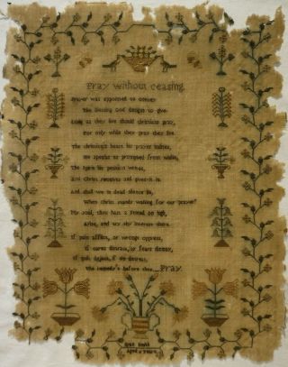 Early/mid 19th Century Verse & Motif Sampler By Joan Smith Aged 6 - C.  1840