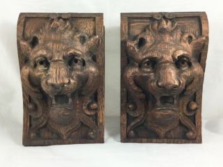 Matching Antique Carved Oak Lion Head Corbels
