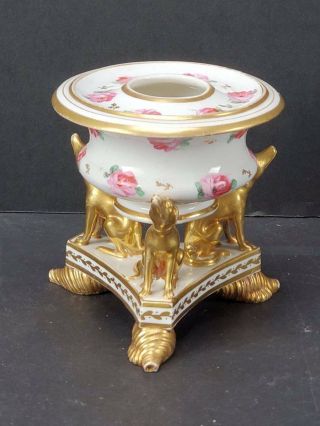 Antique 19th C.  Royal Crown Derby Porcelain Inkwell,  Gilt Dogs & Shells,  Roses