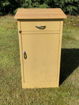 Vintage Yellow Metal Cabinet Stand Wood Top Drawer Industrial Shop Garage Enamel