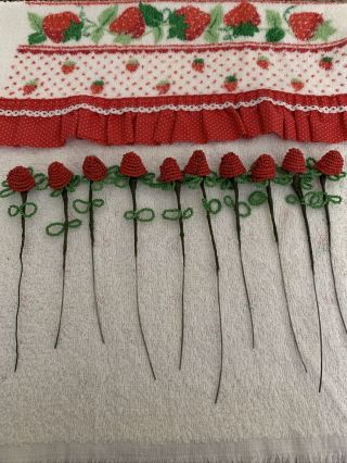 10 Vintage French Beaded Red Strawberries With Green Leaves