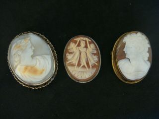 Three Large Antique Victorian & Vintage Carved Shell Cameo Brooch Pins