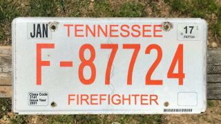 2001 License Plate,  Tennessee,  Firefighter,  F - 87724