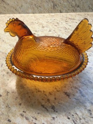 Vintage Indiana Amber Glass Nesting Hen On Nest Candy Dish