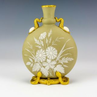 Antique Royal Worcester Graingers Porcelain Jasperware Moonflask - Snake Handles