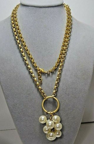 Vintage Gold Tone Chain Necklace With Fx Pearl Dangle Pendant 38  Long