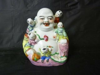 Vintage Chinese Porcelain Laughing Buddha Fertility W/ Children Mid 20th
