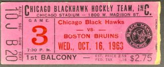 1963 Nhl Hockey Ticket Chicago Stadium Blackhawks V Bruins Mikita Hat Trick