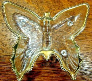 Vtg Clear Glass Butterfly Trinket Candy Dish Gold Trim Footed Mid - Century