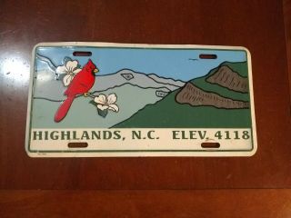 Vintage Highlands North Carolina Elev.  4118 Vanity License Plate Nc