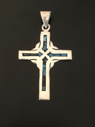 Large Vintage Mexico Sterling Silver Inlay Cross Pendant,  12 Grams/2.  5”.