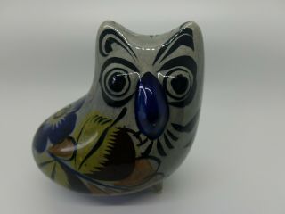 Vintage Tonala Hand Painted Owl Bird Mexican Folk Art Pottery Clay Figurine