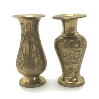 Vtg Brass Vase Candle Holder Set Pair Ornate Etched India Hollywood Regency 4”