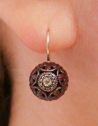 Antique Victorian Diamond & Fleur De Lis Filigree Earrings,  14k Ear Wires $1nr