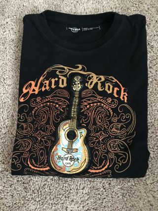 Large Oop Vintage Hard Rock Cafe Nagoya Japan Long Sleeve Guitar Black T - Shirt