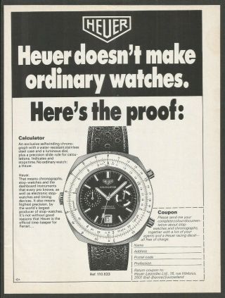 Heuer Calculator Automatic Chronograph Watch - 1973 Vintage Print Ad